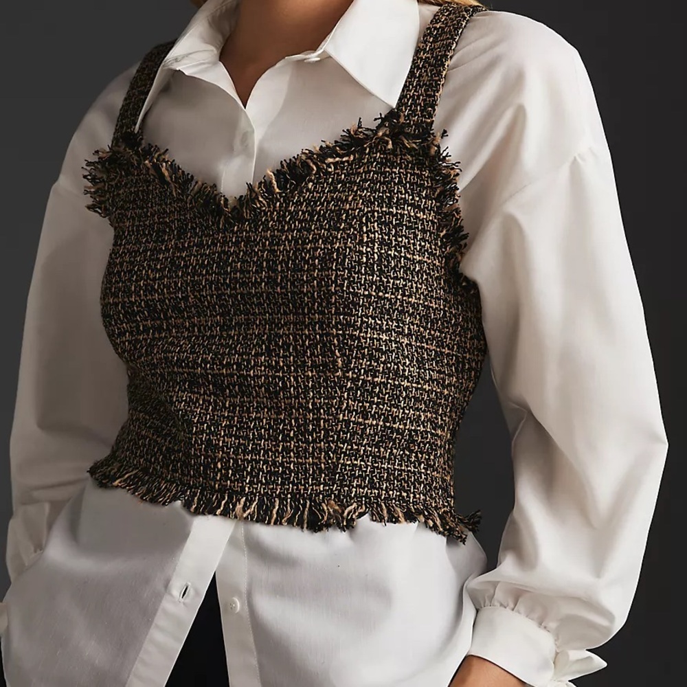 Mare Mare x Anthropologie Layered Vest Fringed Tweed Crop Black and Tan